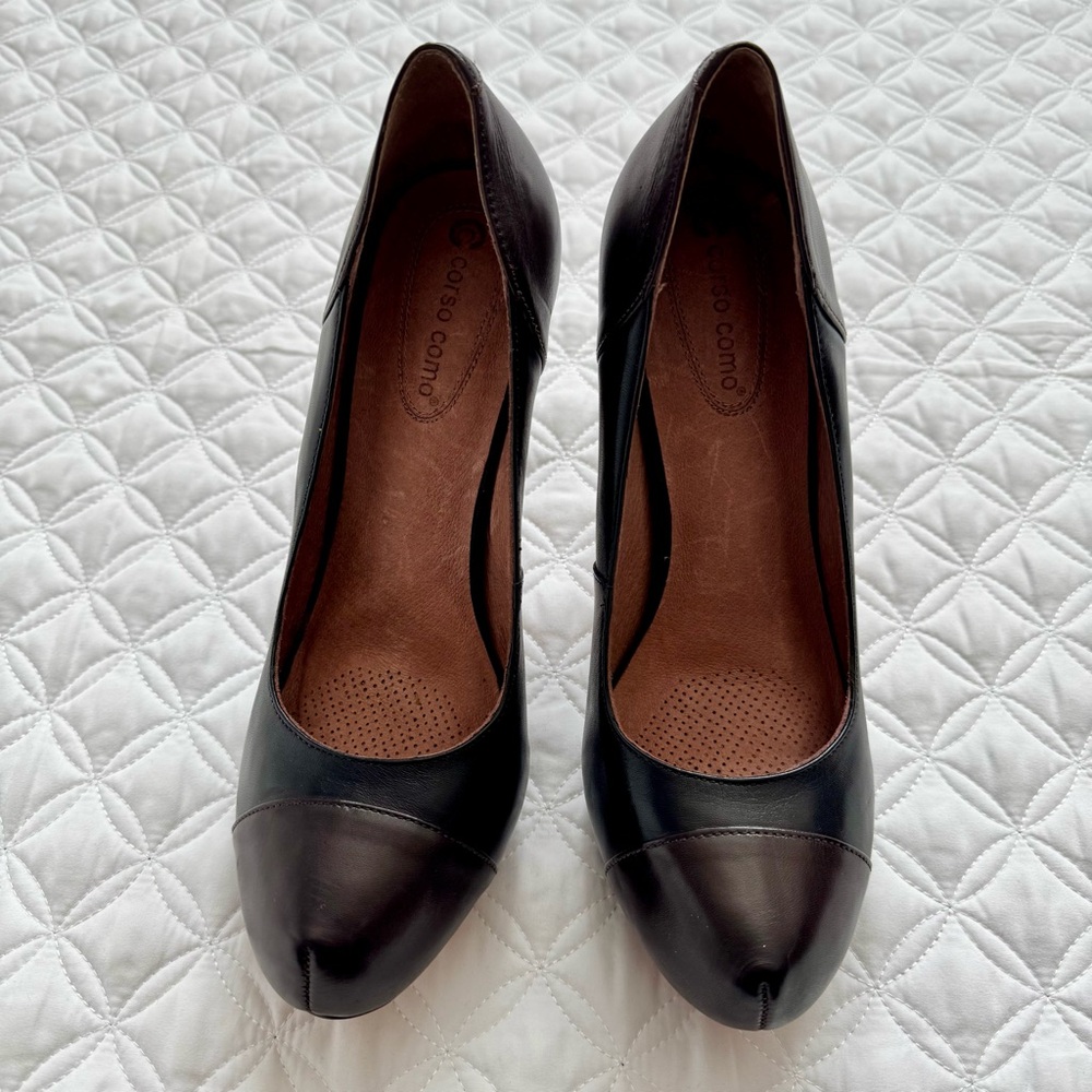 Corso Como Del Pumps Two Tone Black Brown Leather Round Cap Toe Heels Sz 9.5 - Picture 4 of 11